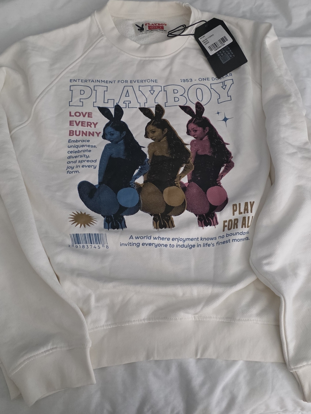 PLAYBOY White Graphic Sweatshirt with Blue Brown Pink Bunny Print